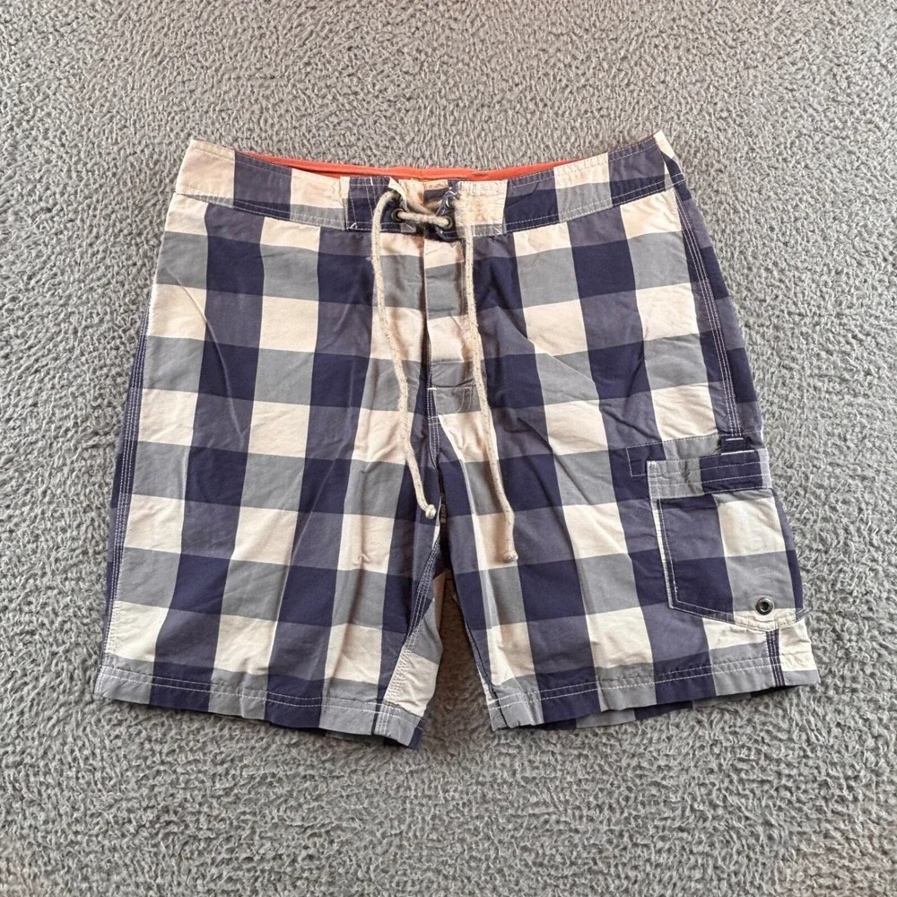 J. Crew Original Gingham Plaid Long Board Swimming Trunks Shorts Blue 32
